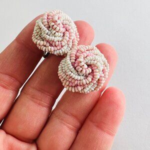 Vintage Pink & White Beaded Clip-On Earrings